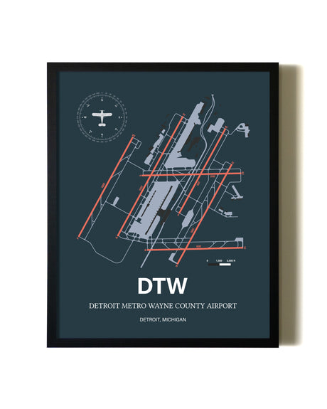 Slate Framed Detroit Metro Wayne County Airport wall art poster in black frame