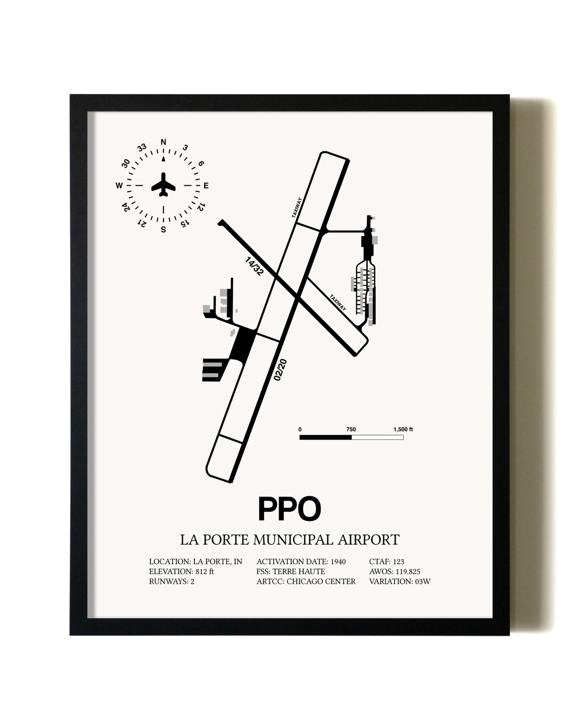Framed La Porte Municipal Airport wall art poster in black frame
