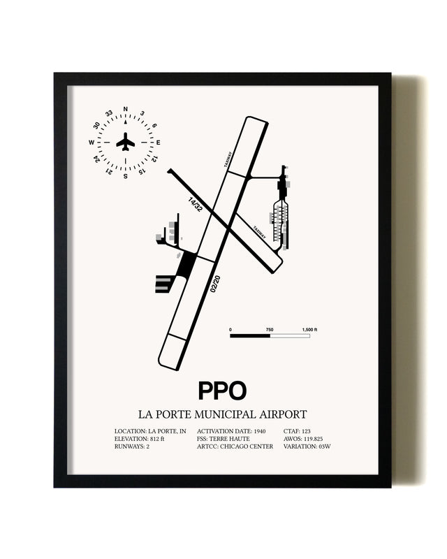 Framed La Porte Municipal Airport wall art poster in black frame