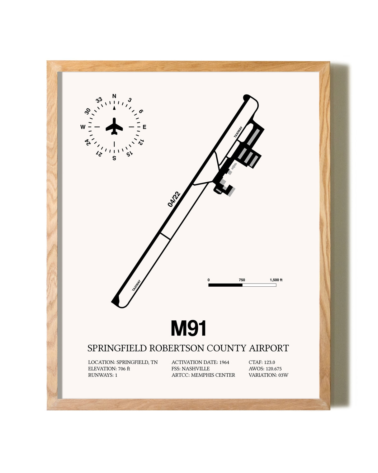 Springfield Robertson County Airport framed print in natural wood frame