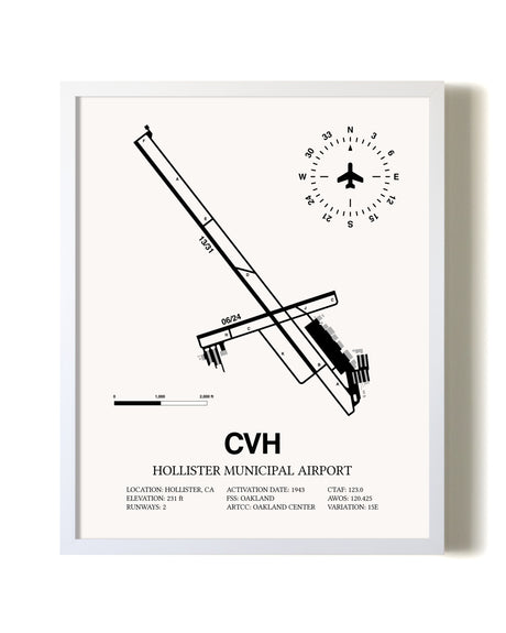 Hollister Municipal Airport airport map poster in oak frame