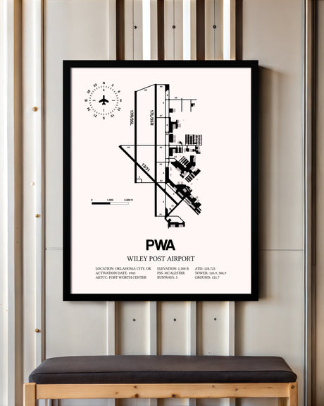 Wiley Post Airport framed poster displayed in an airplane hangar