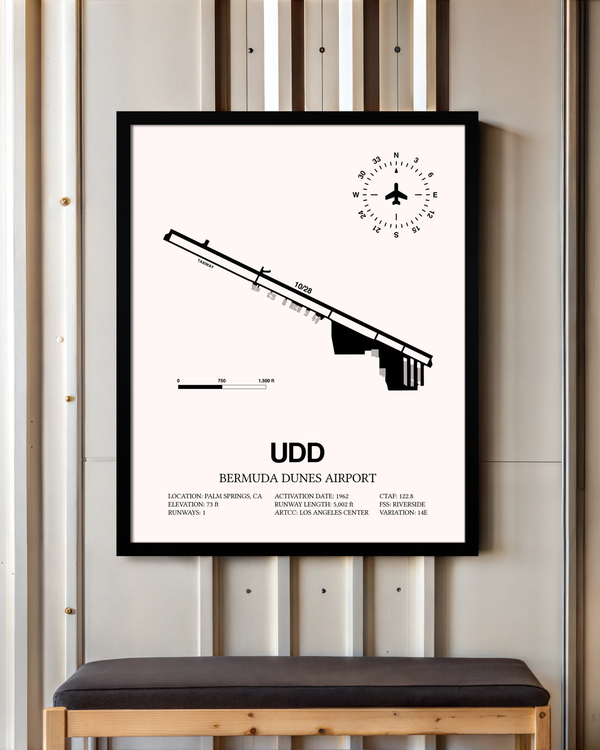 Bermuda Dunes Airport framed poster displayed in an airplane hangar