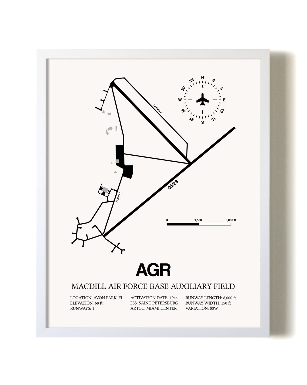 MacDill Air Force Base Auxiliary Field airport map poster in oak frame