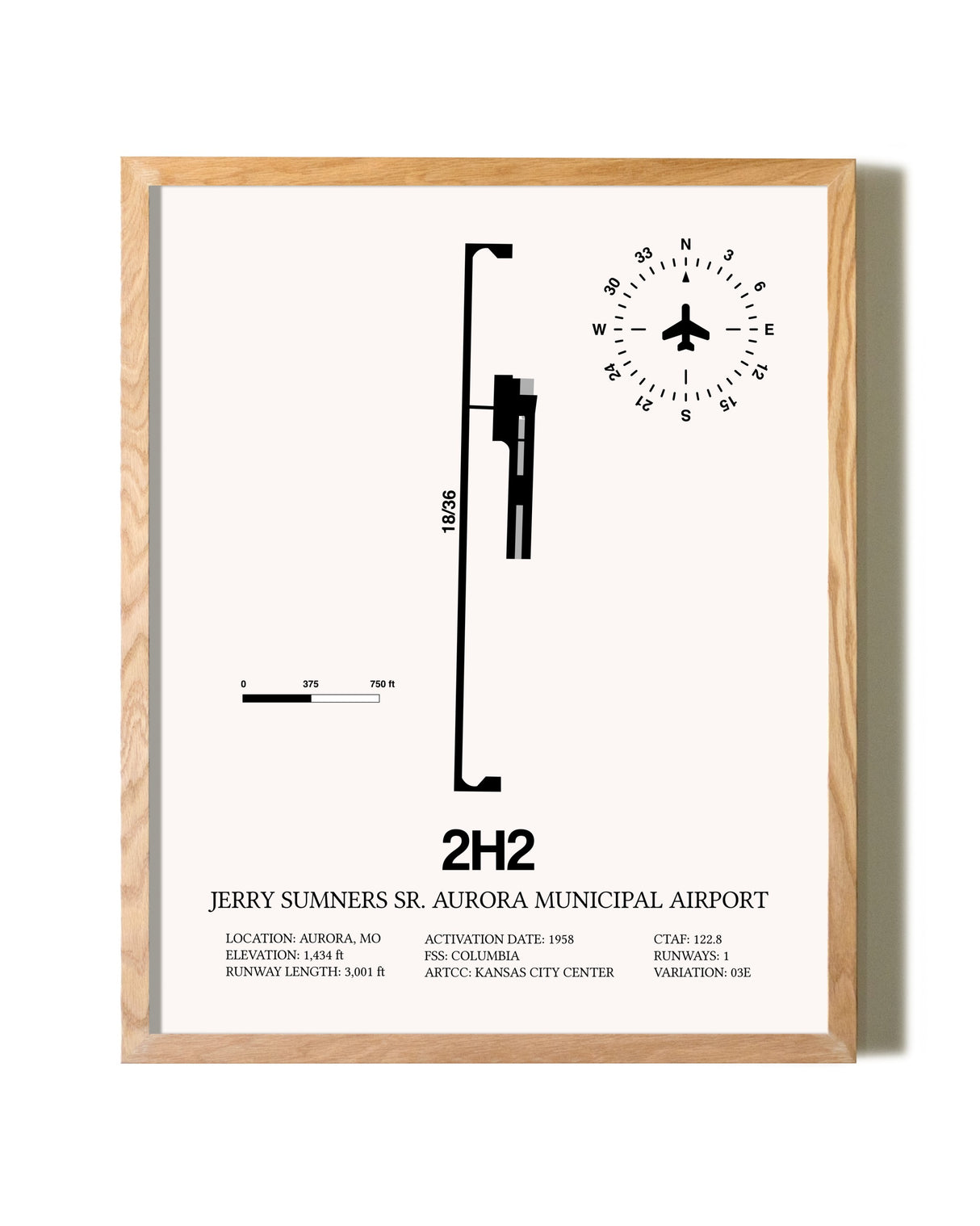 Jerry Sumners Sr. Aurora Municipal Airport framed print in natural wood frame