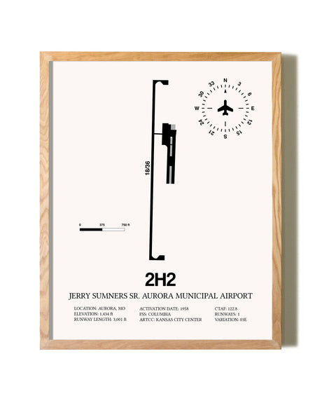 Jerry Sumners Sr. Aurora Municipal Airport framed print in natural wood frame