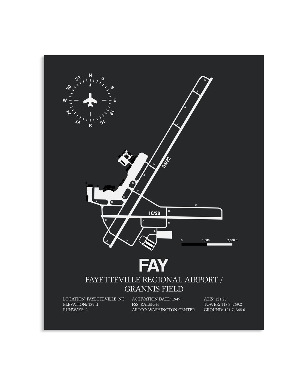 Gray Framed Fayetteville Regional Airport / Grannis Field layout wall art poster