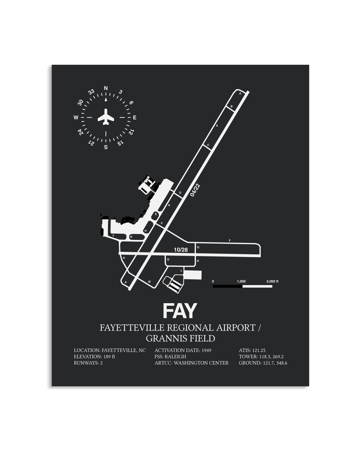 Gray Framed Fayetteville Regional Airport / Grannis Field layout wall art poster