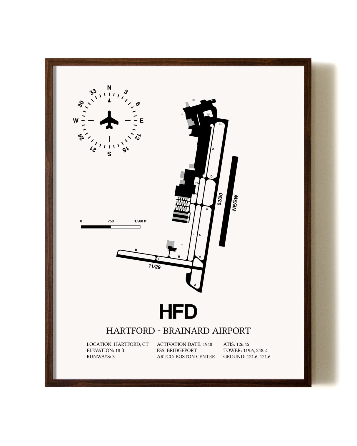 Hartford-Brainard Airport aviation print in walnut frame