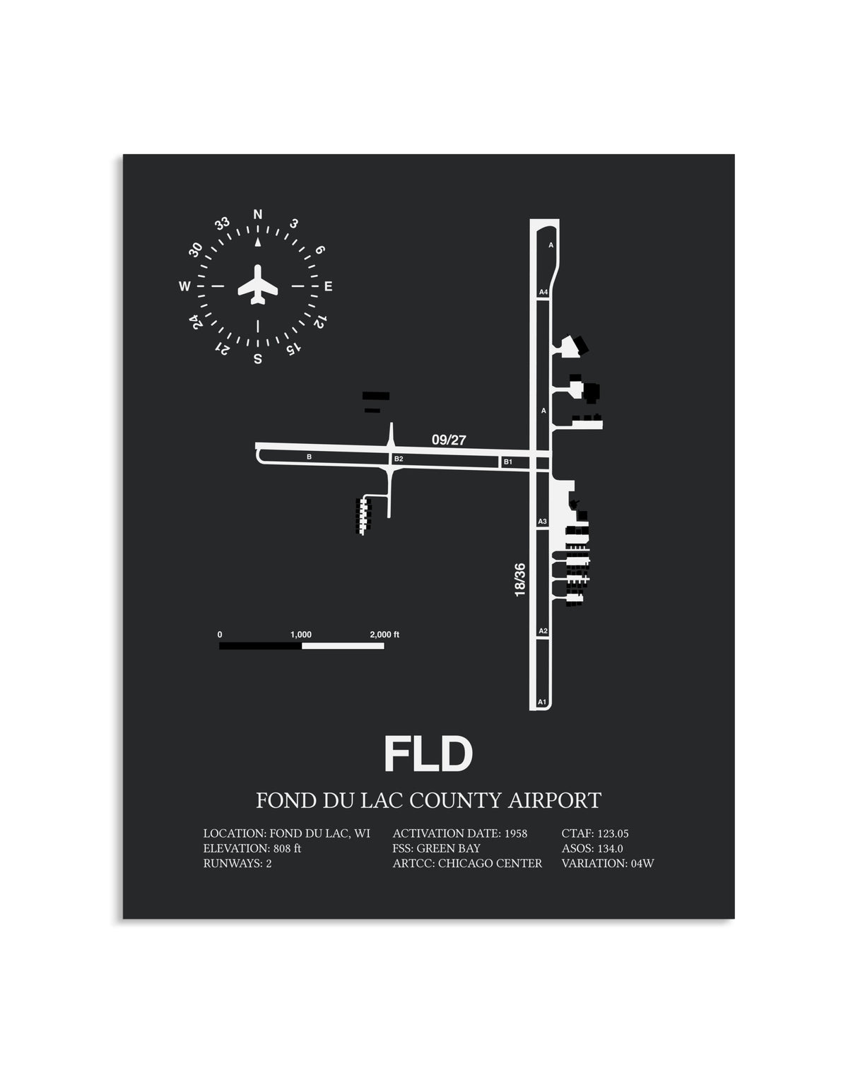 Gray Framed Fond Du Lac County Airport layout wall art poster