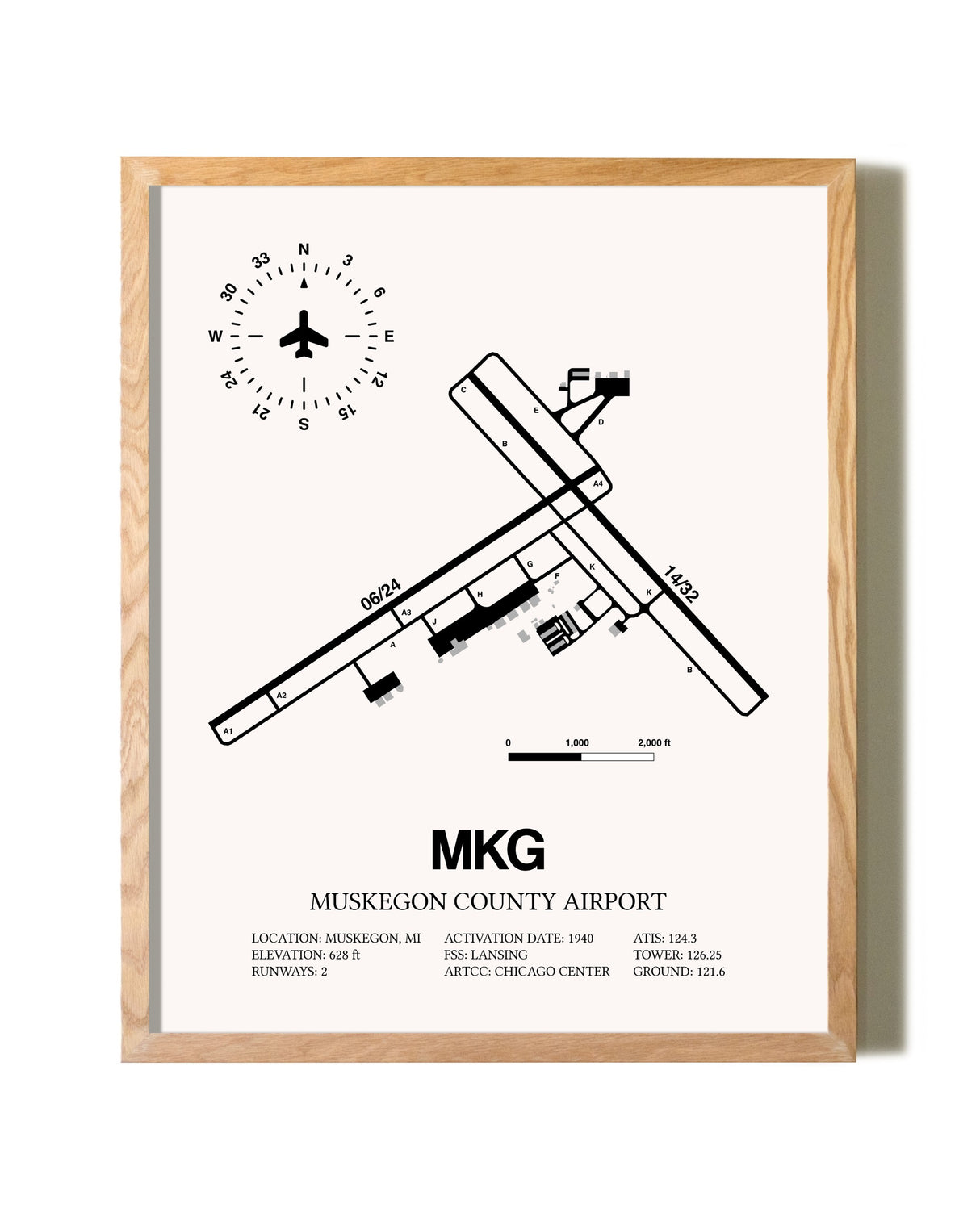 Muskegon County Airport framed print in natural wood frame