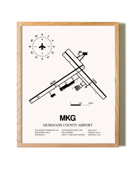 Muskegon County Airport framed print in natural wood frame