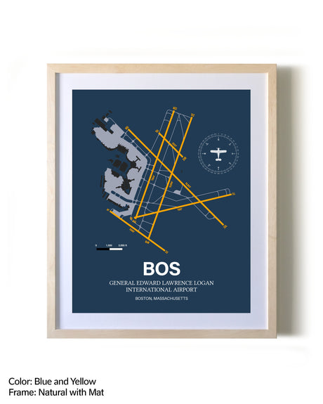 Boston Logan International Airport framed print in natural wood frame with mat