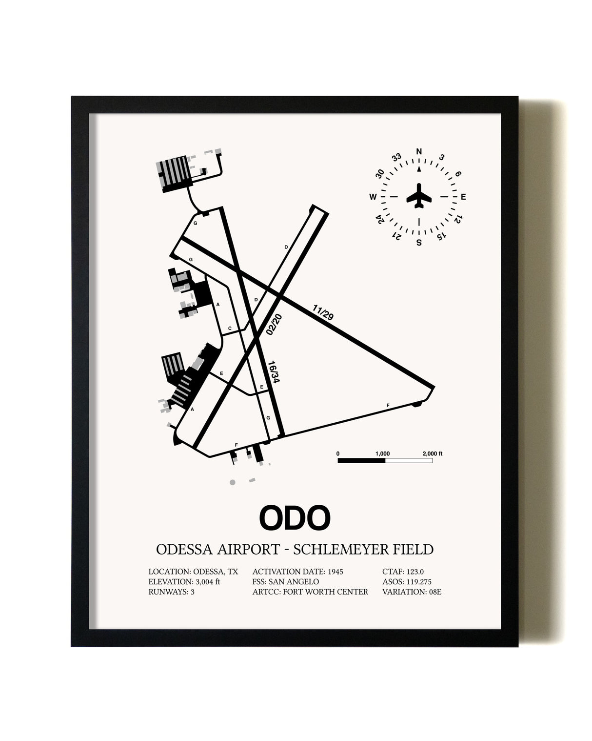 Framed Odessa Airport-Schlemeyer Field wall art poster in black frame