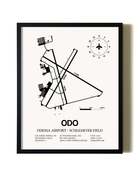 Framed Odessa Airport-Schlemeyer Field wall art poster in black frame