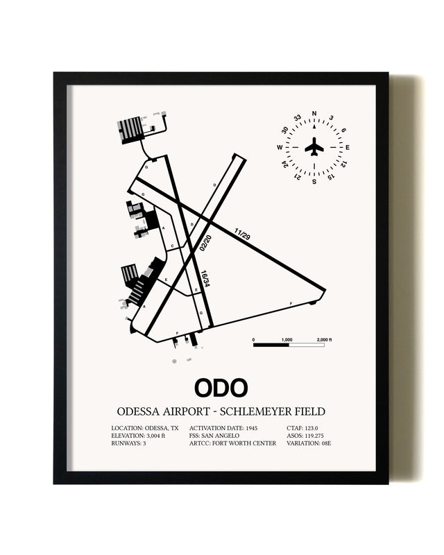Framed Odessa Airport-Schlemeyer Field wall art poster in black frame