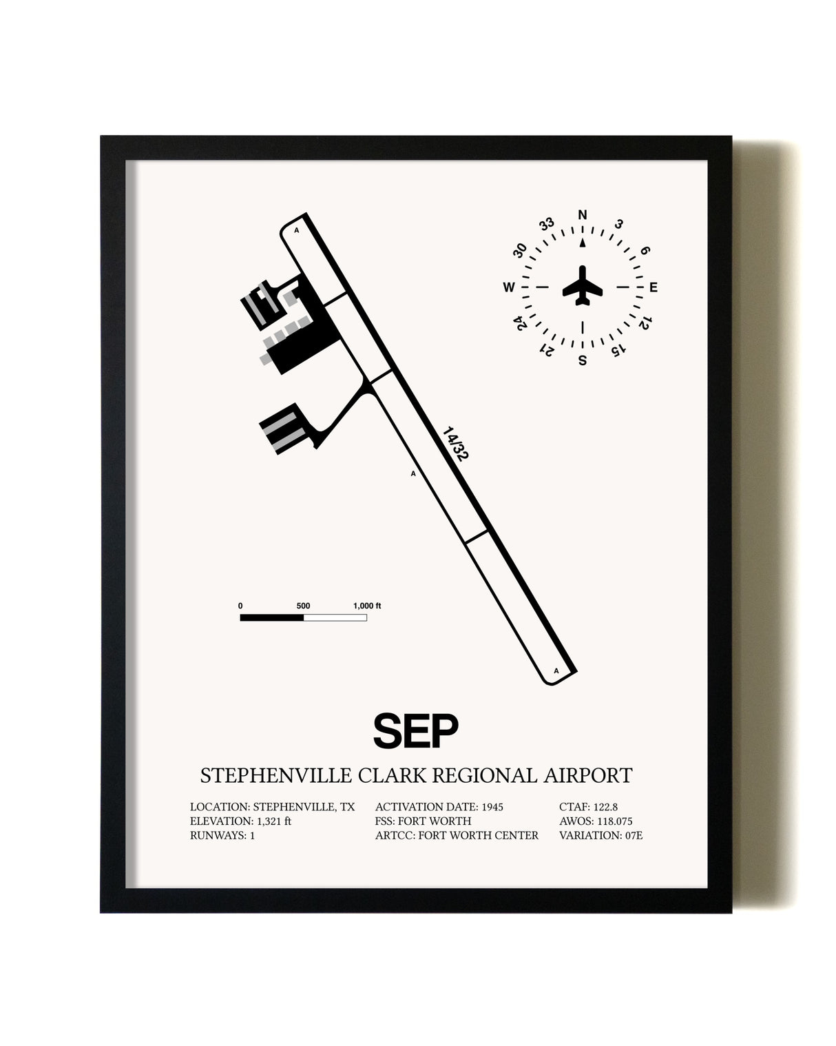 Framed Stephenville Clark Regional Airport wall art poster in black frame