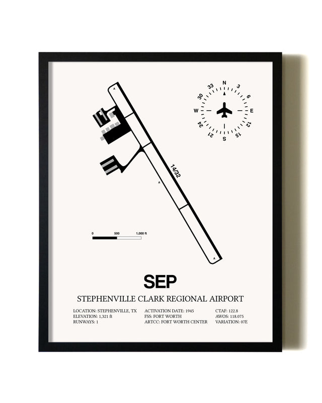 Framed Stephenville Clark Regional Airport wall art poster in black frame