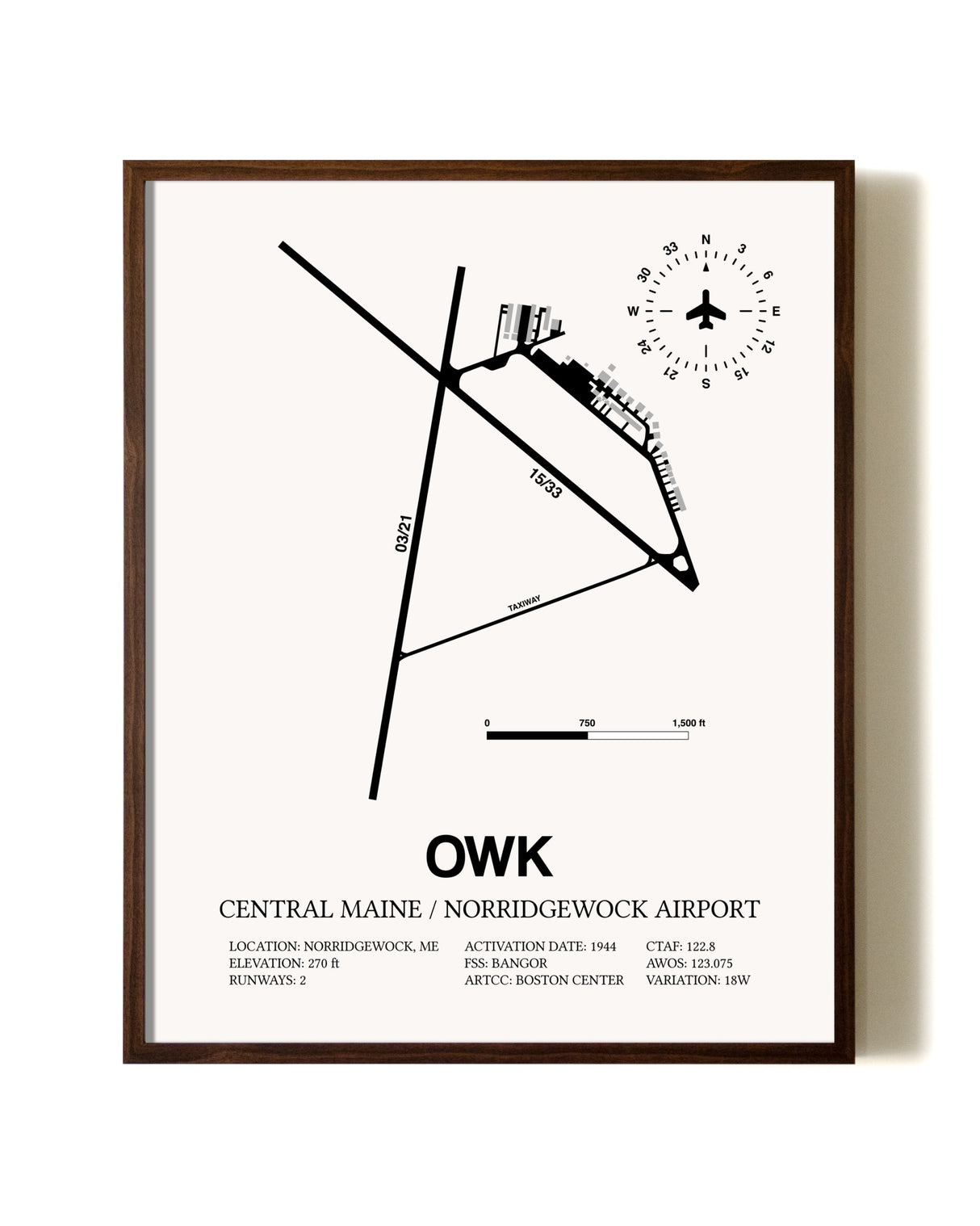 Central Maine / Norridgewock Airport aviation print in walnut frame