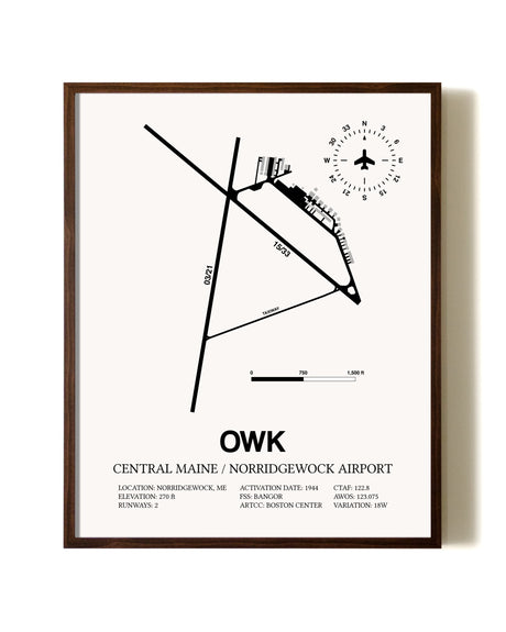Central Maine / Norridgewock Airport aviation print in walnut frame
