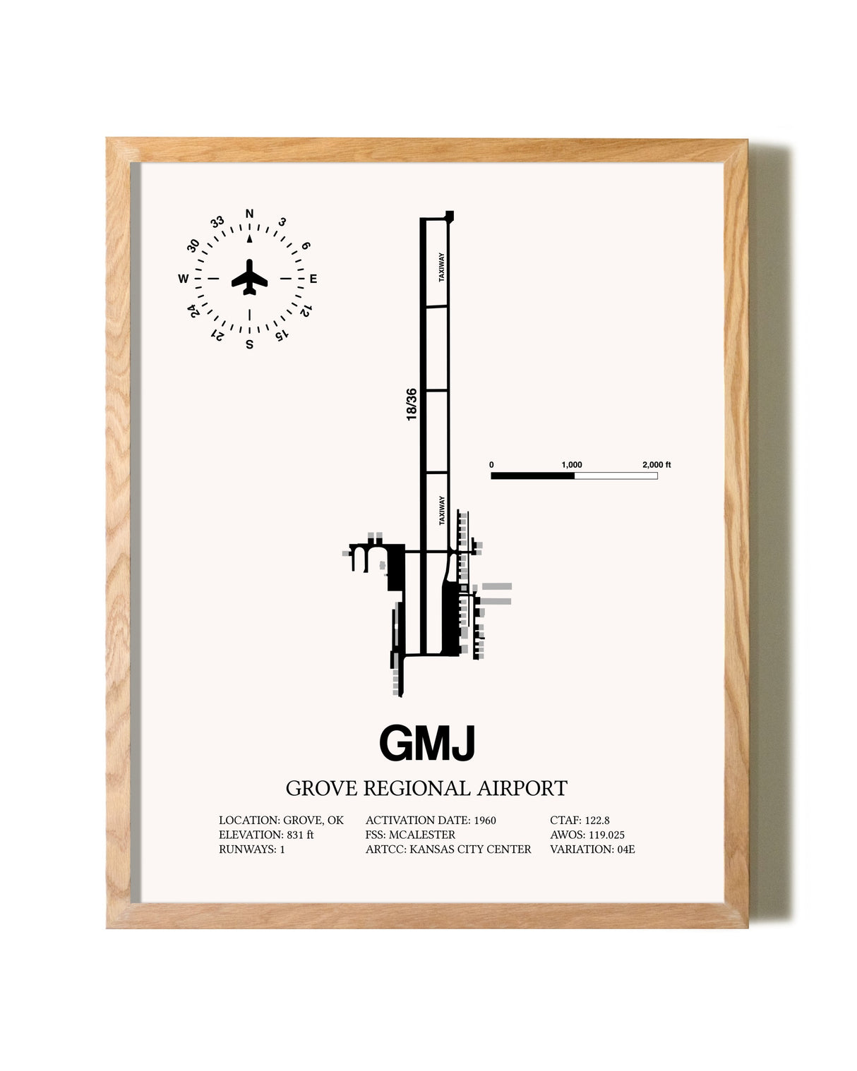 Grove Regional Airport framed print in natural wood frame