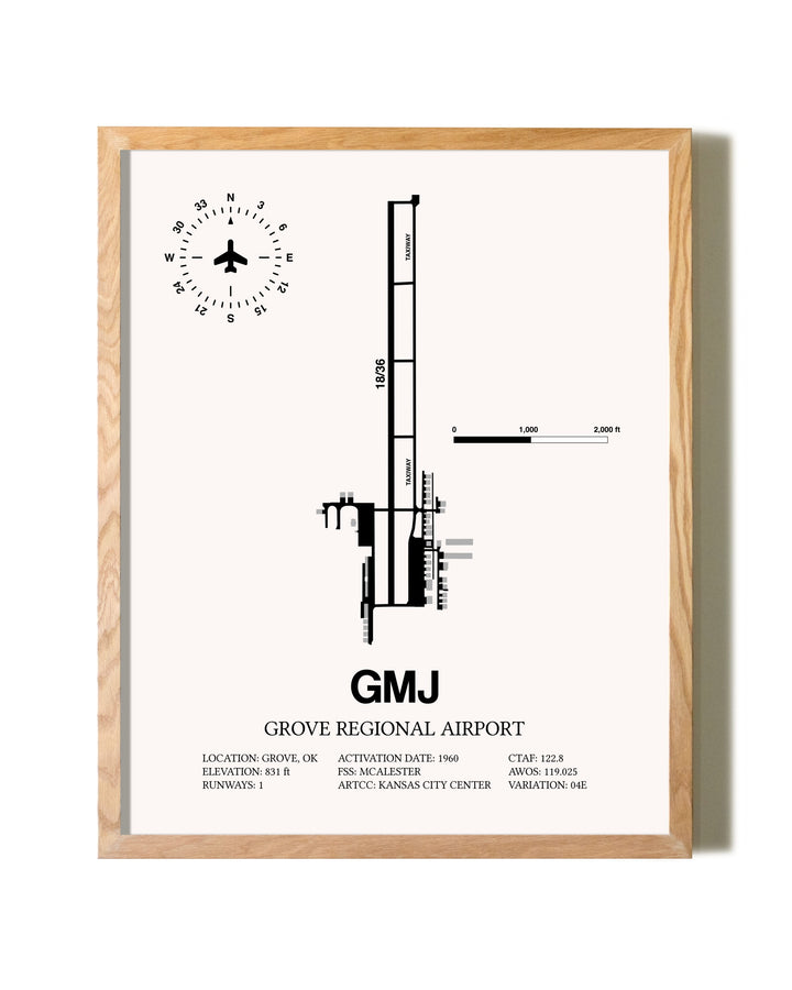 Grove Regional Airport framed print in natural wood frame