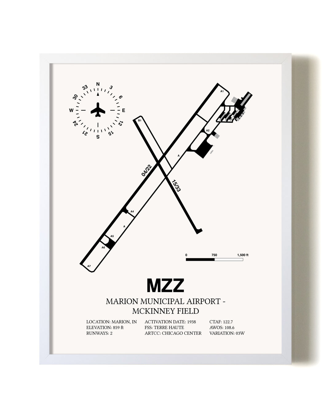 Marion Municipal Airport-McKinney Field airport map poster in oak frame