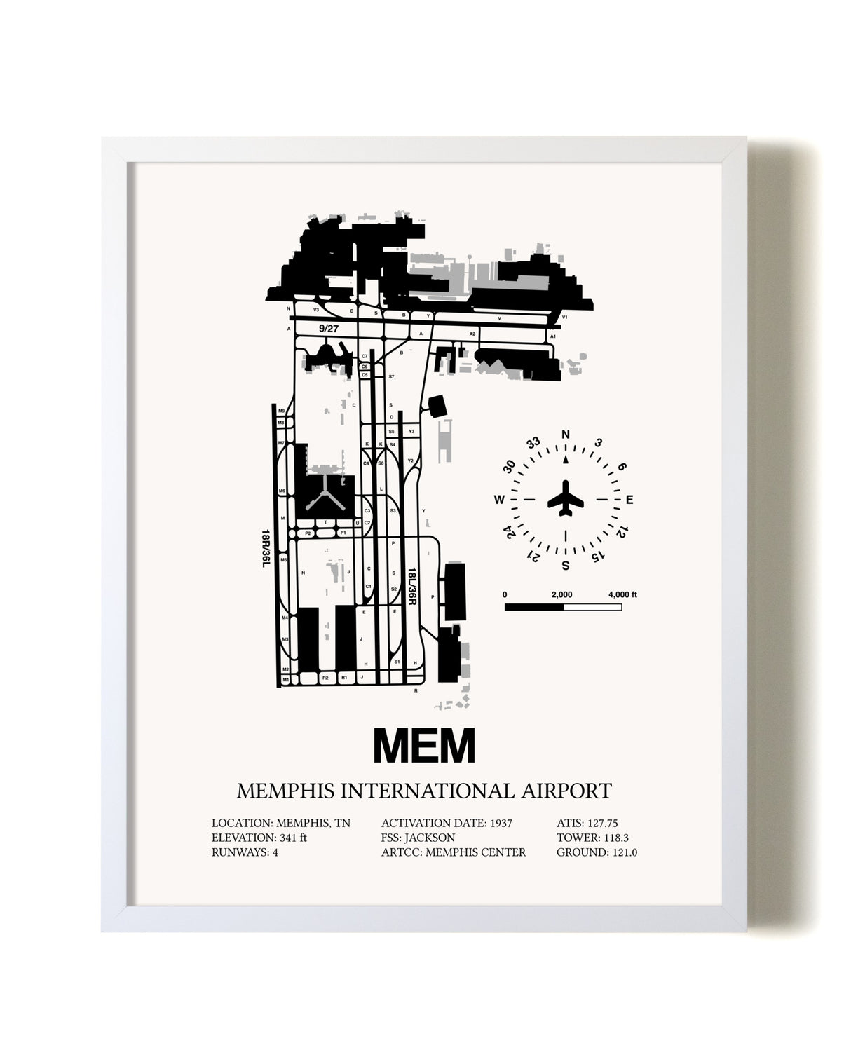 Memphis International Airport airport map poster in oak frame