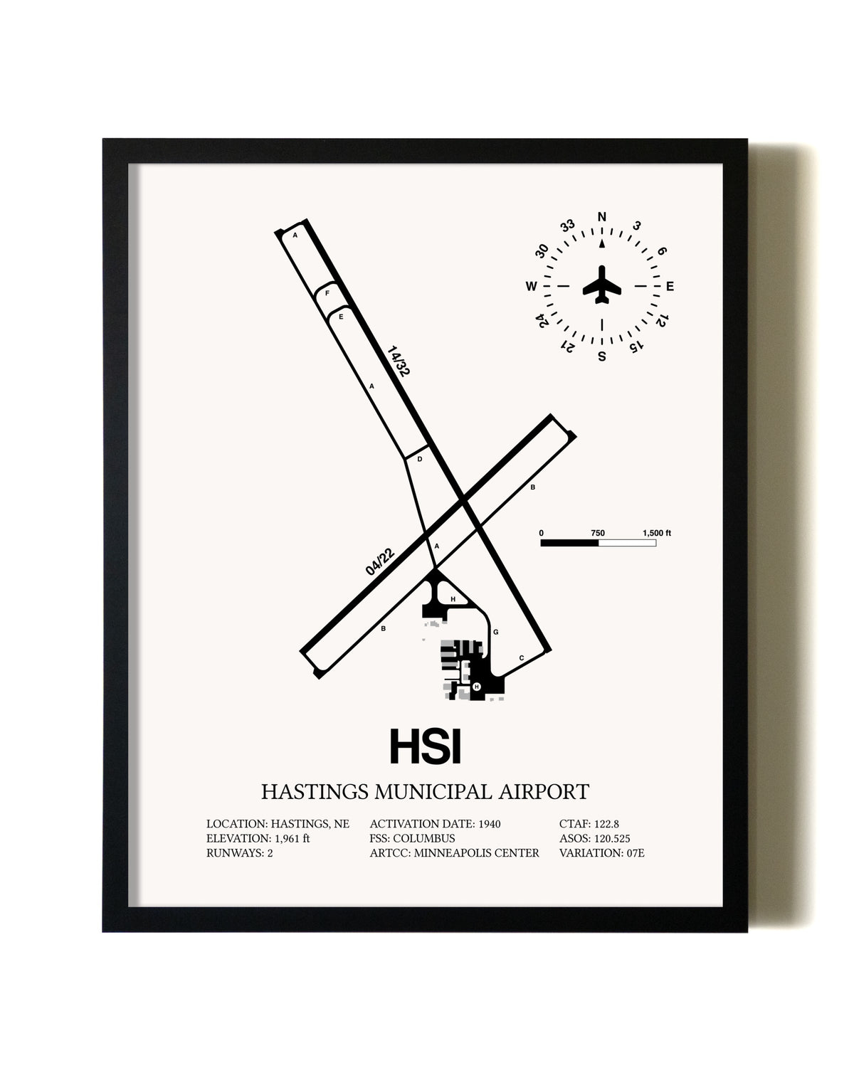 Framed Hastings Municipal Airport wall art poster in black frame