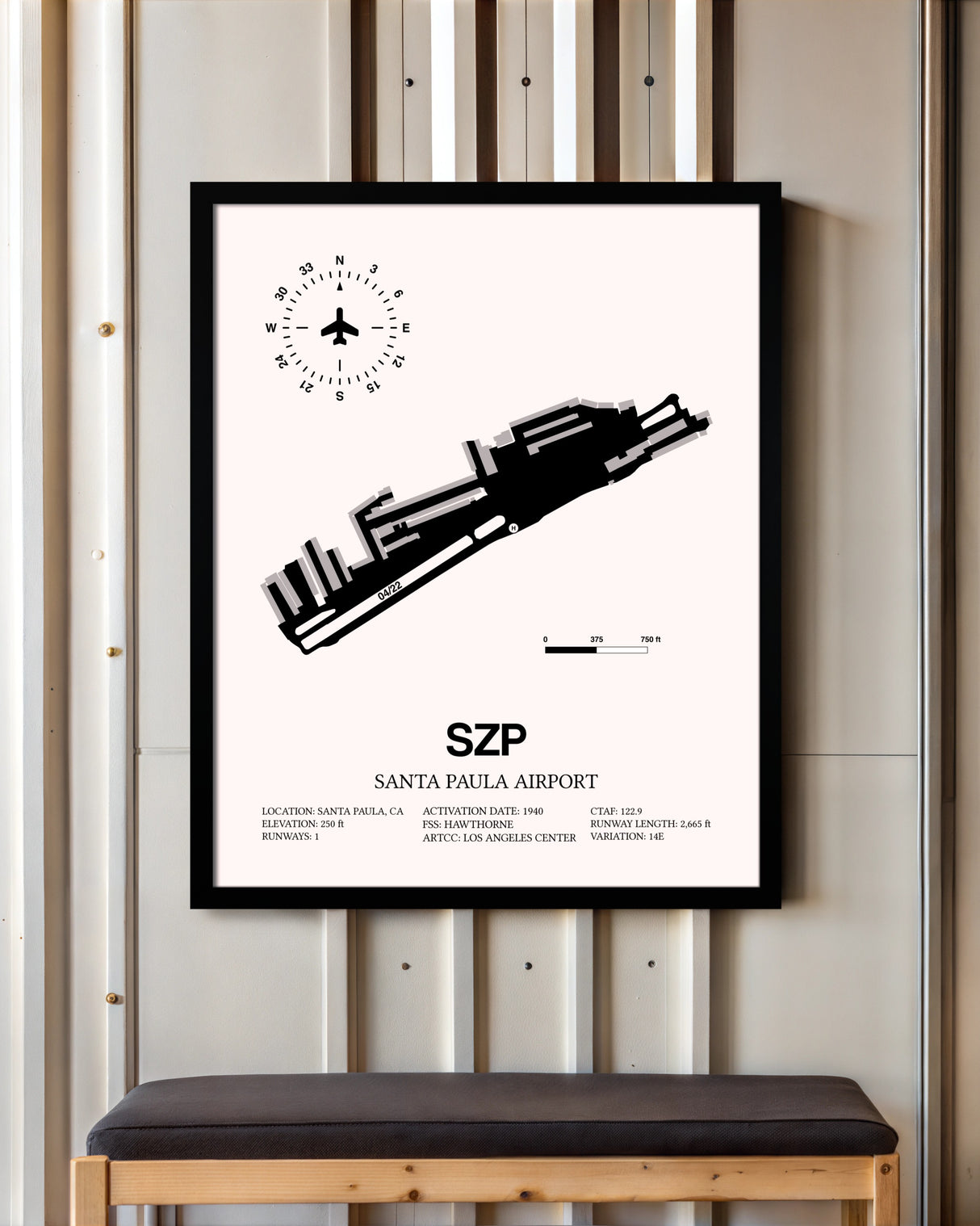 Santa Paula Airport framed poster displayed in an airplane hangar
