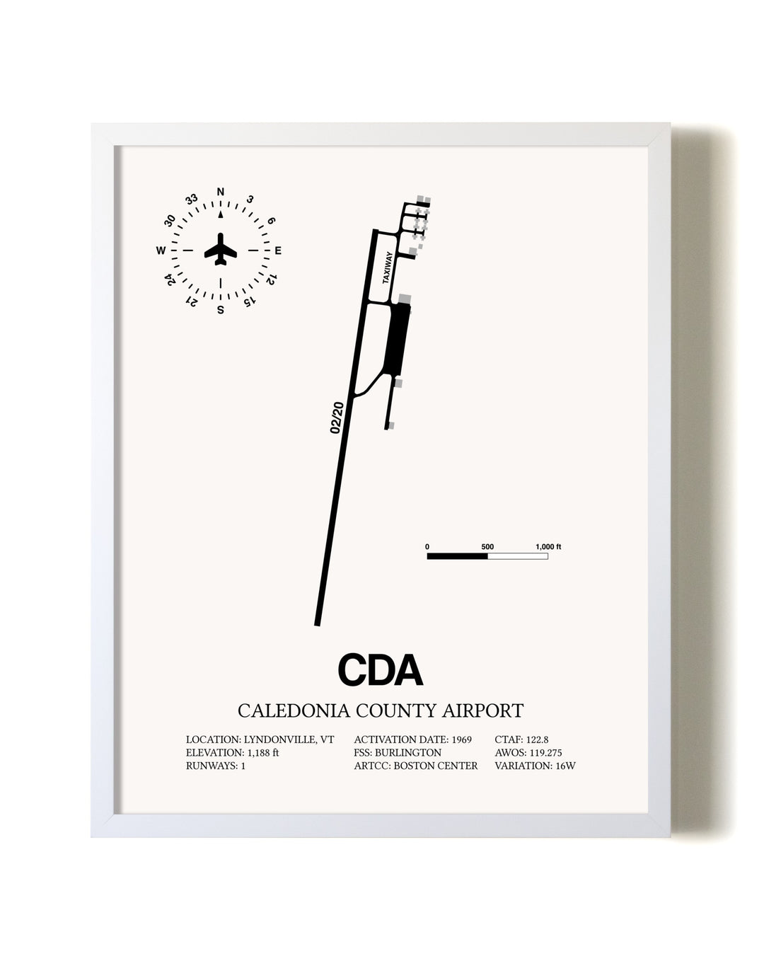 Caledonia County Airport airport map poster in oak frame