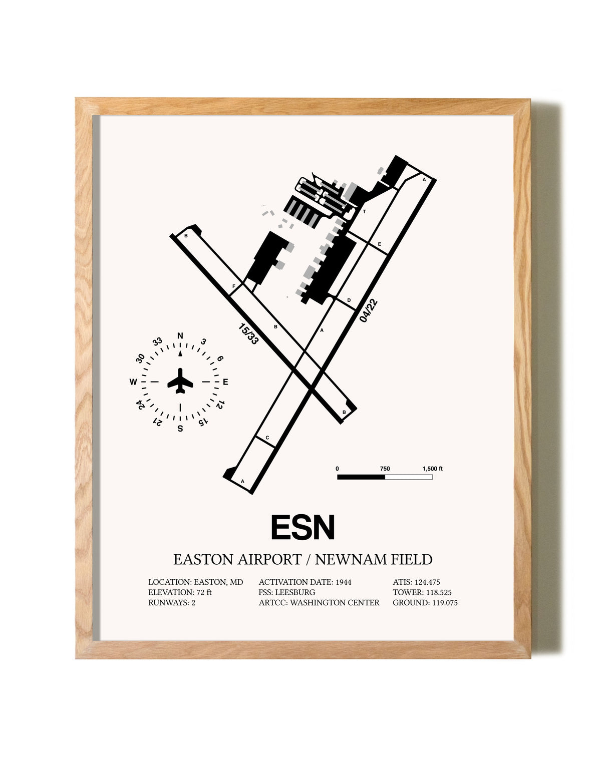Easton Airport / Newnam Field framed print in natural wood frame