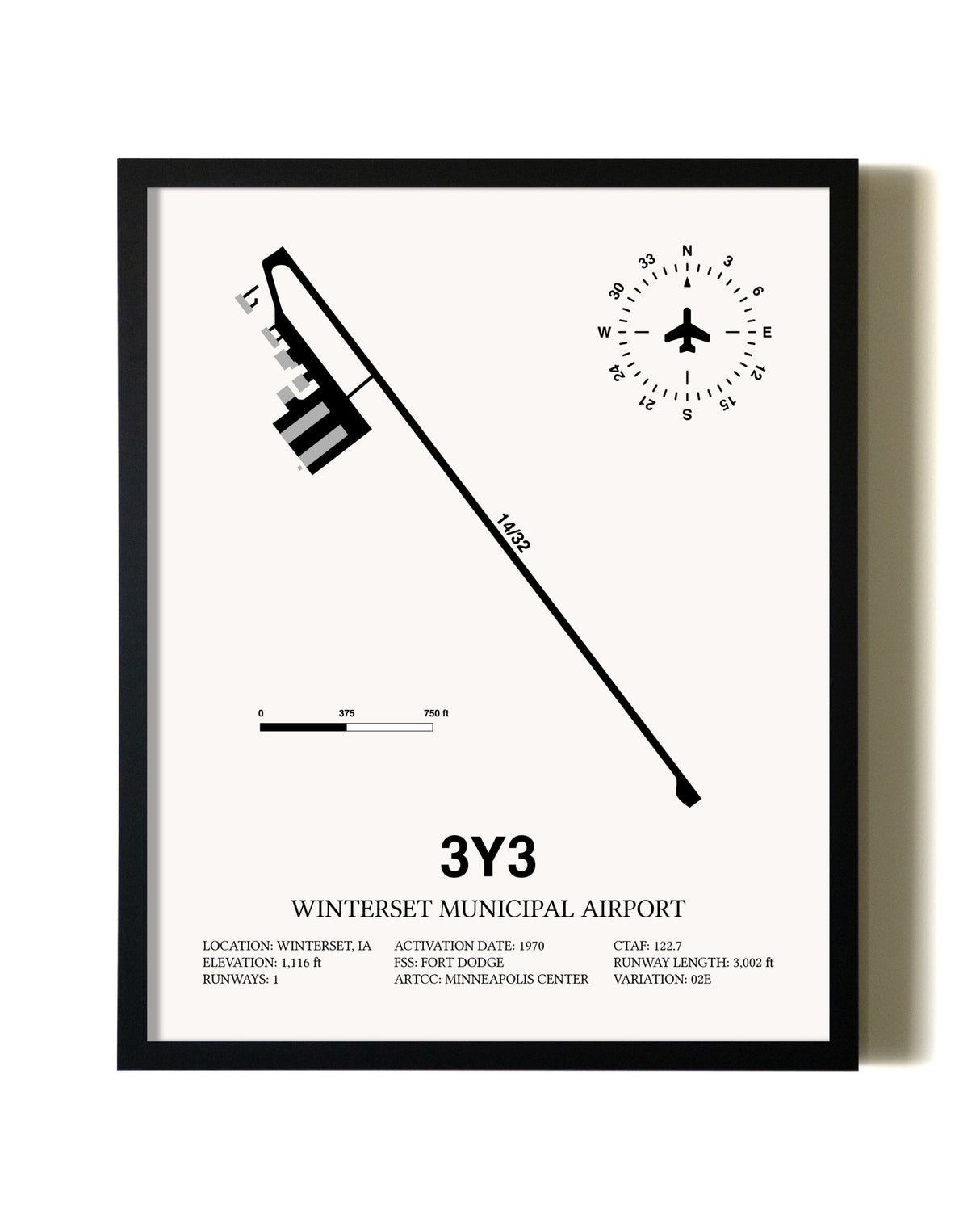 Framed Winterset Municipal Airport wall art poster in black frame