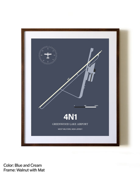 Greenwood Lake Airport aviation print in walnut frame with mat