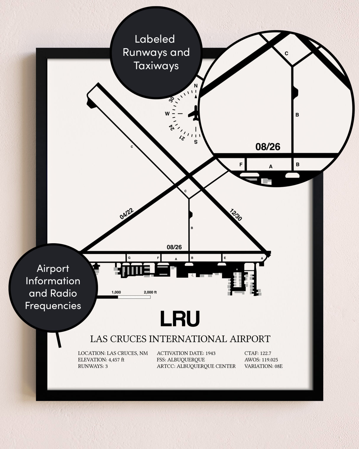 Framed Las Cruces International Airport layout wall art poster