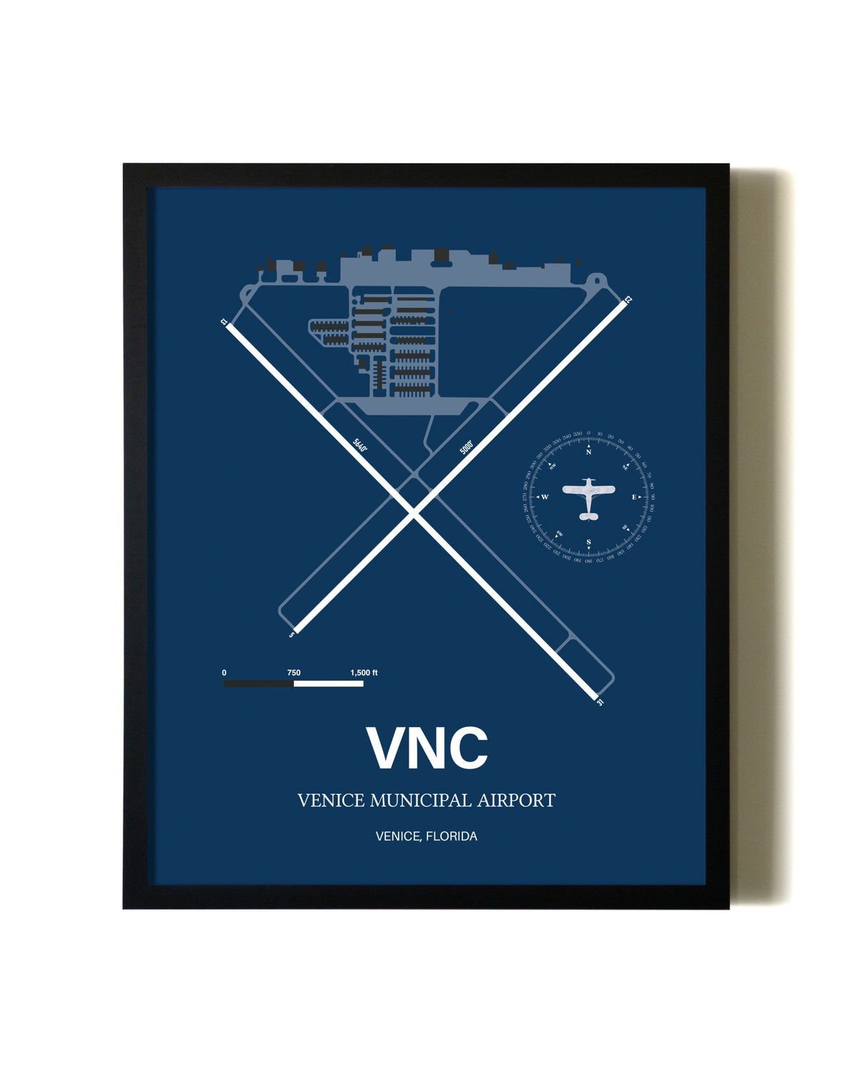 Aviation Blue Framed Venice Municipal Airport layout wall art poster