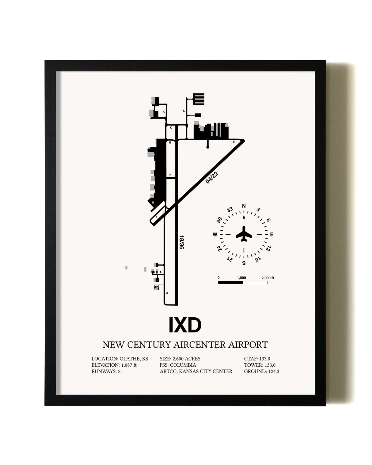 Framed New Century Aircenter Airport wall art poster in black frame