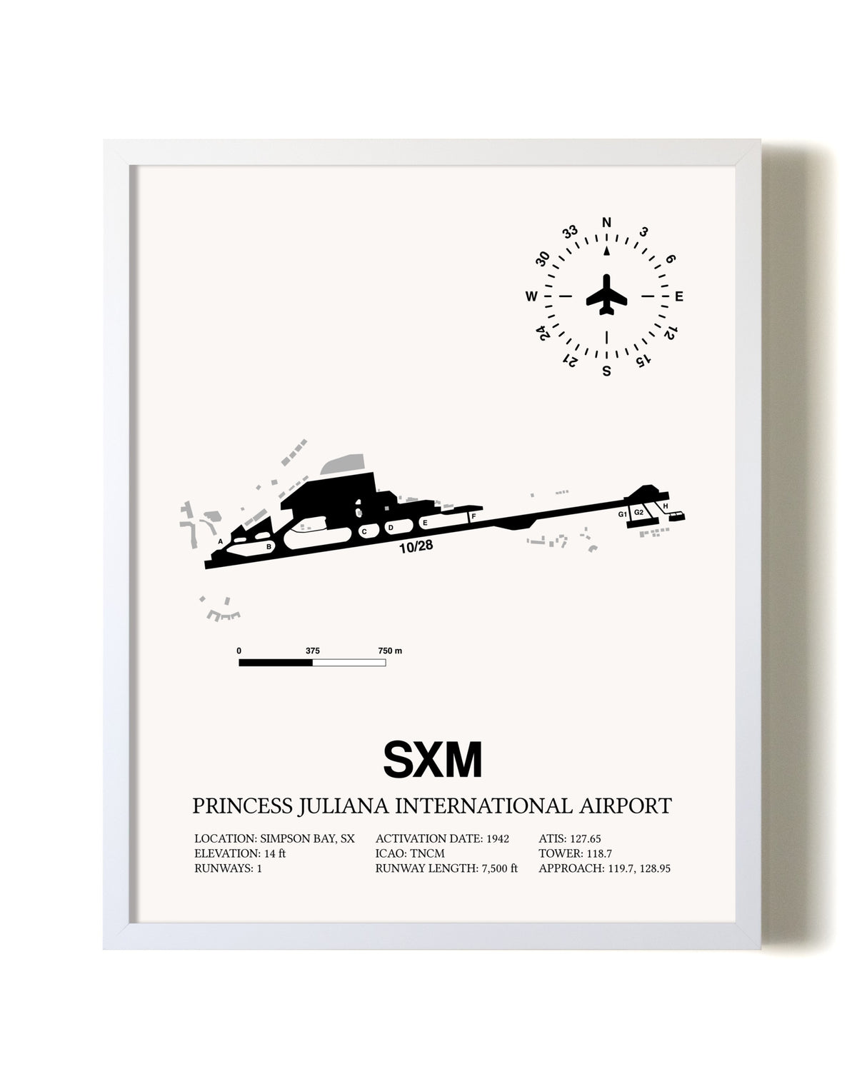 Princess Juliana International Airport airport map poster in oak frame