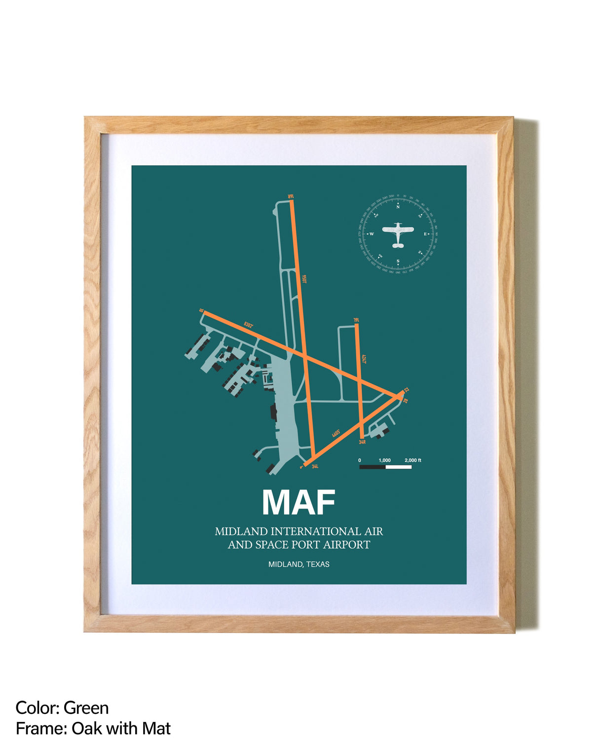 Midland International Air and Space Port Airport airport map poster in oak frame with mat