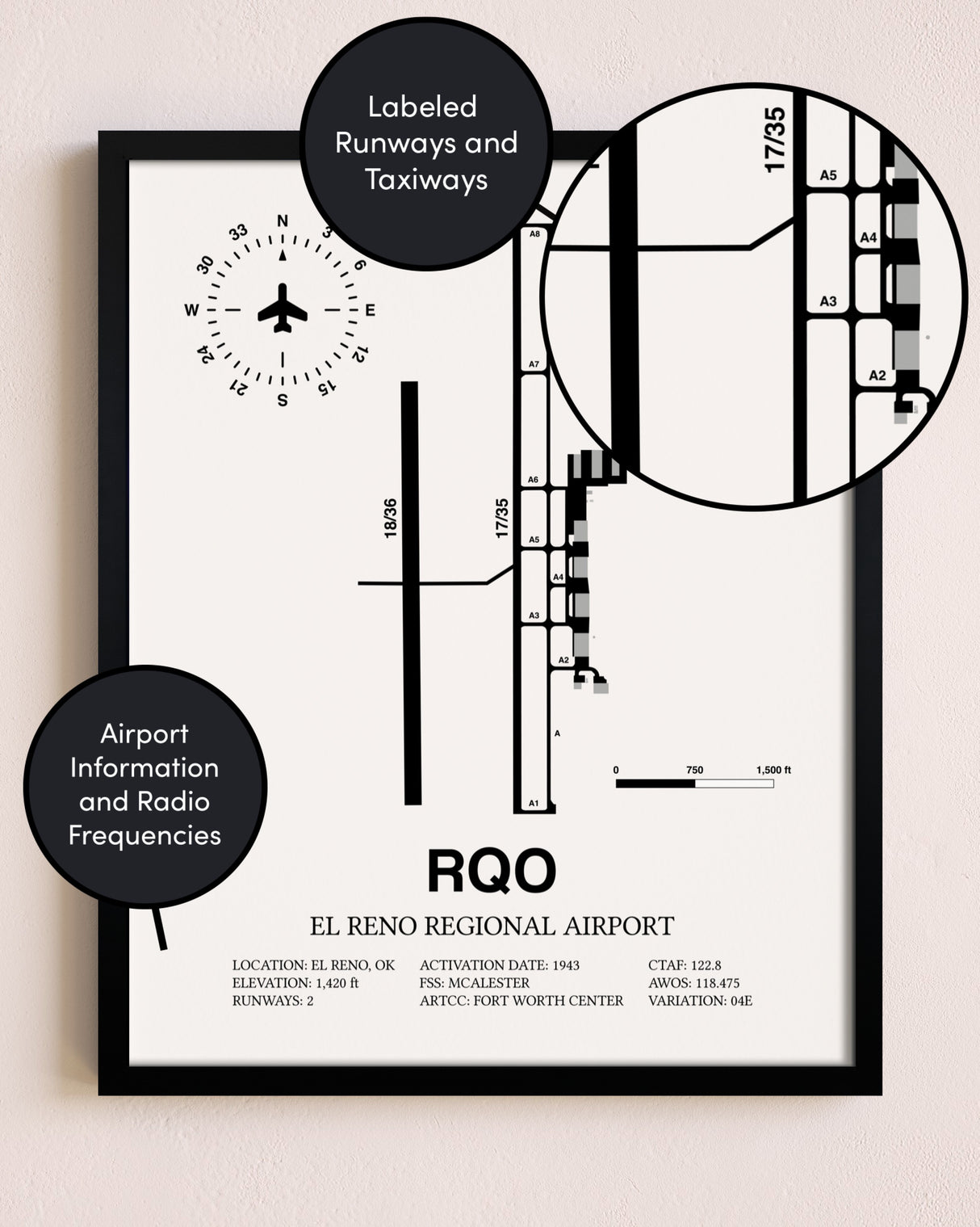 Framed El Reno Regional Airport layout wall art poster