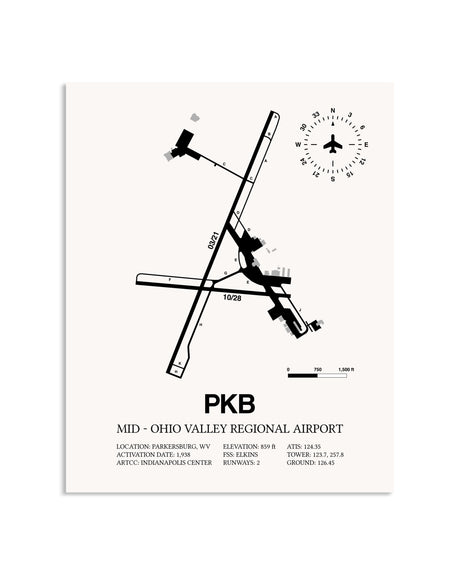 Gray Mid-Ohio Valley Regional Airport framed poster displayed in an airplane hangar