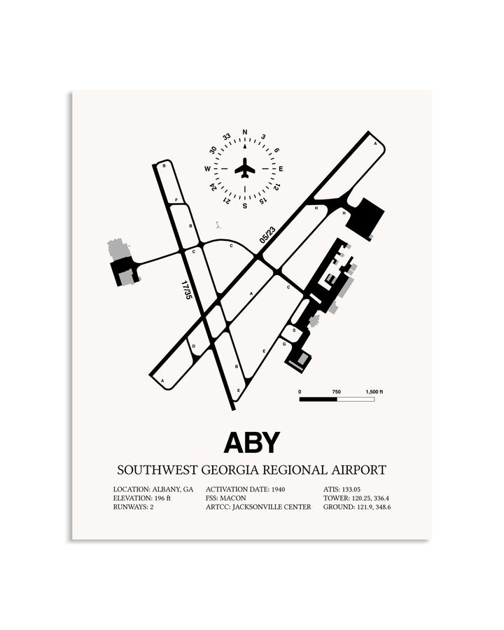 Gray Southwest Georgia Regional Airport framed poster displayed in an airplane hangar