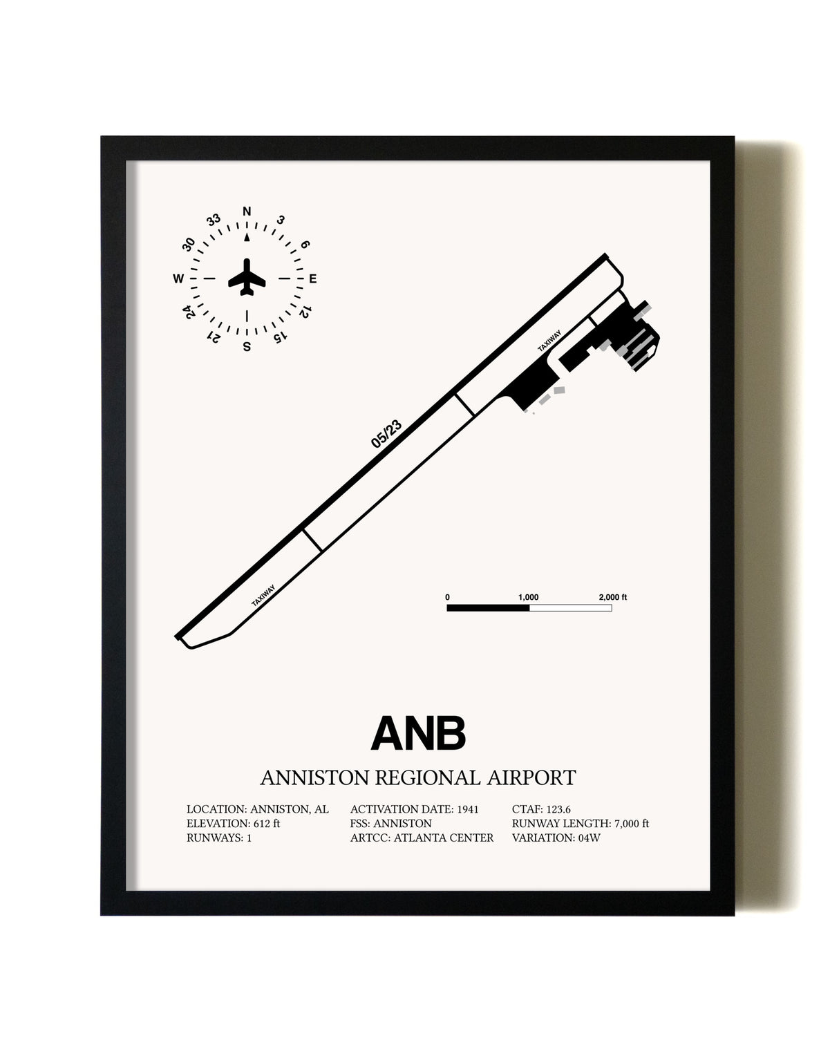 Framed Anniston Regional Airport wall art poster in black frame