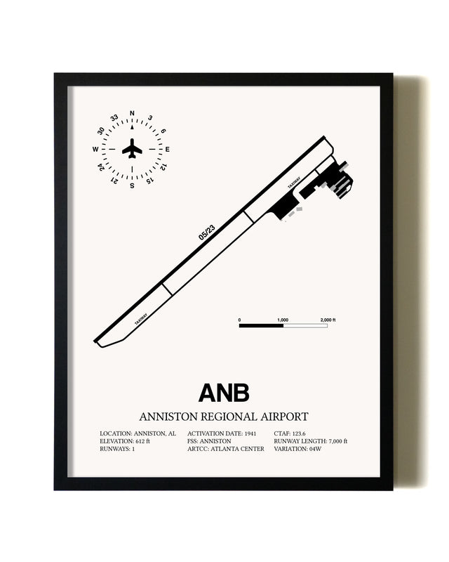 Framed Anniston Regional Airport wall art poster in black frame