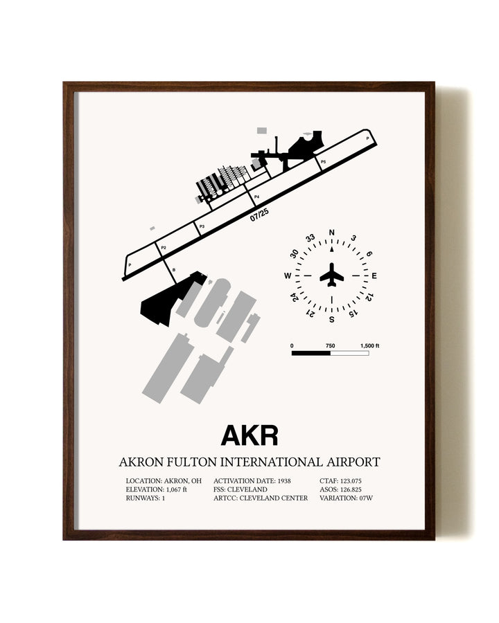 Akron Fulton International Airport aviation print in walnut frame