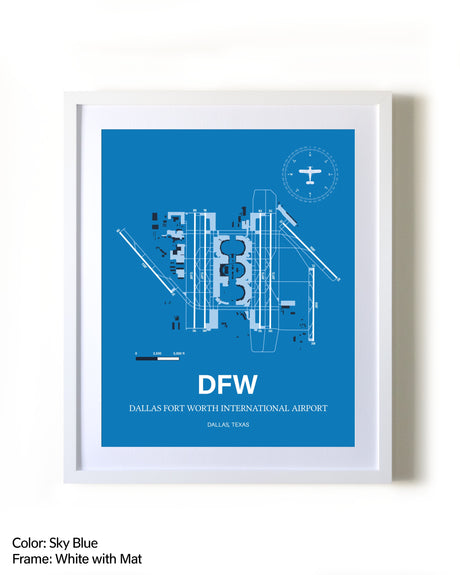 Dallas-Fort Worth International Airport framed wall art in white frame with mat