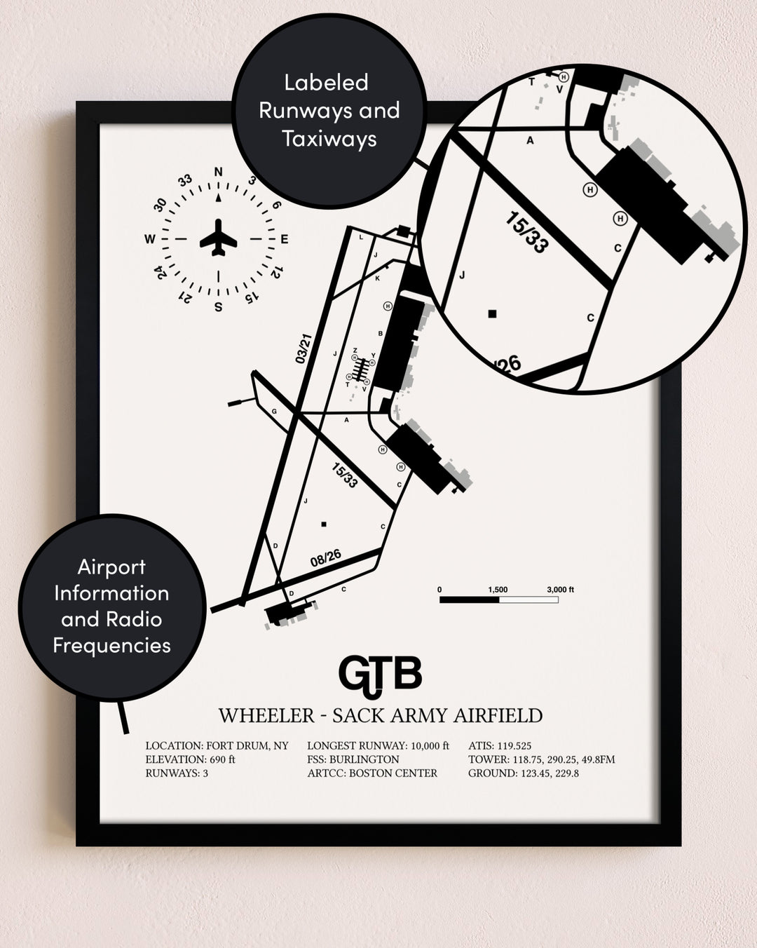 Framed Wheeler-Sack Army Airfield layout wall art poster