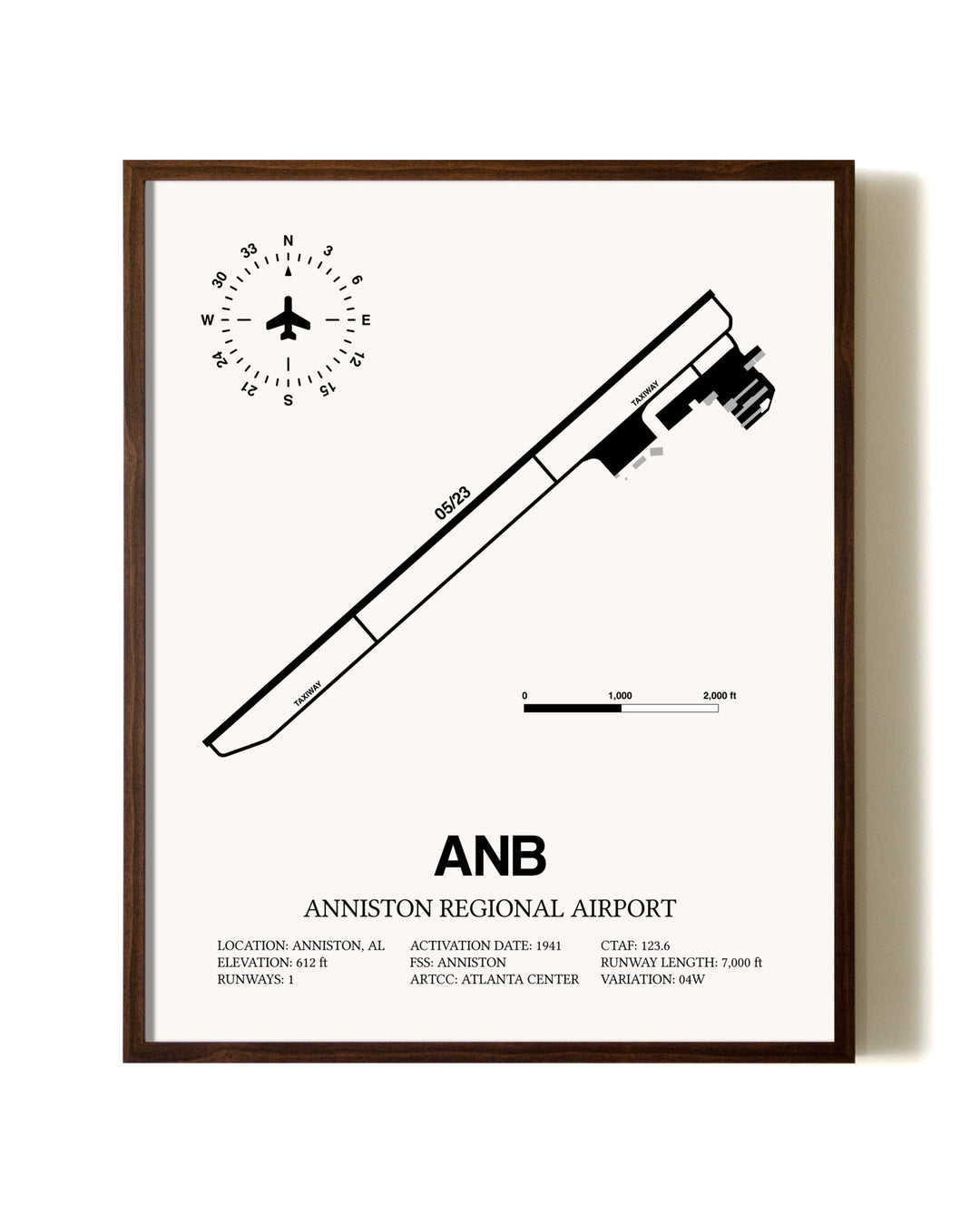 Anniston Regional Airport aviation print in walnut frame