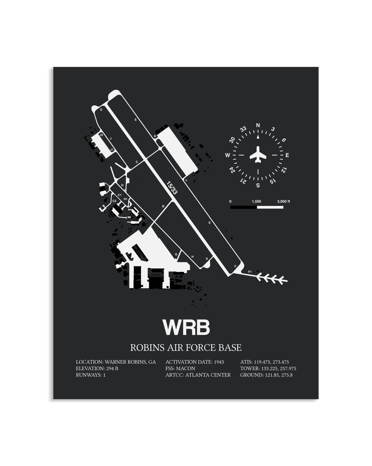 Gray Framed Robins Air Force Base layout wall art poster