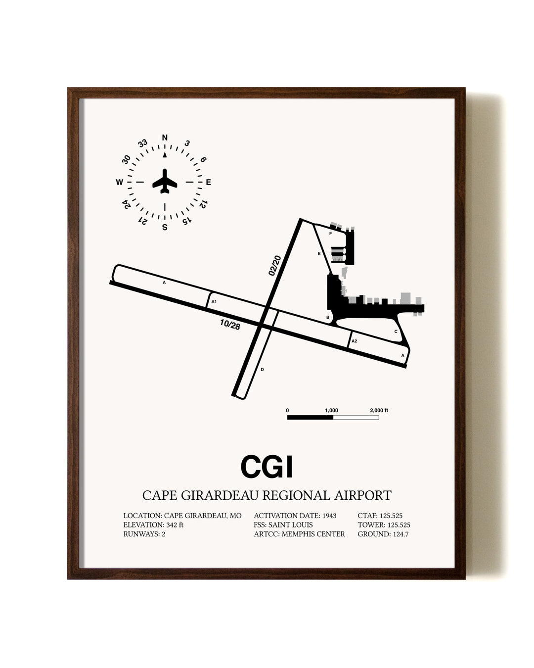 Cape Girardeau Regional Airport aviation print in walnut frame